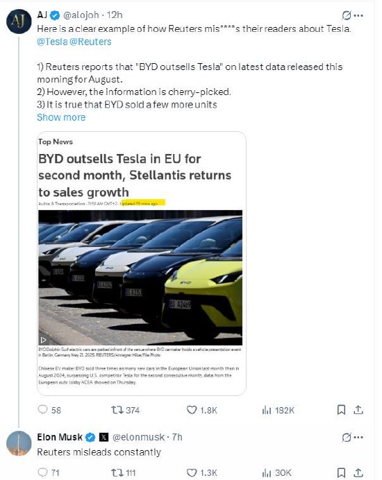 马斯克回应“比亚迪欧盟销量连续两月超特斯拉